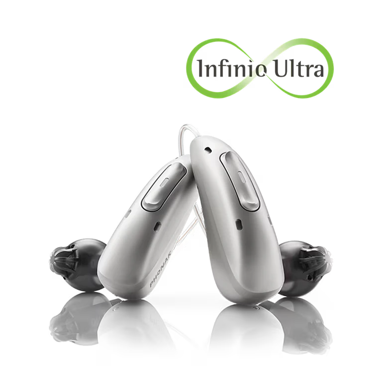 Par de aparelhos auditivos Phonak Audéo Infinio Ultra R na cor prata